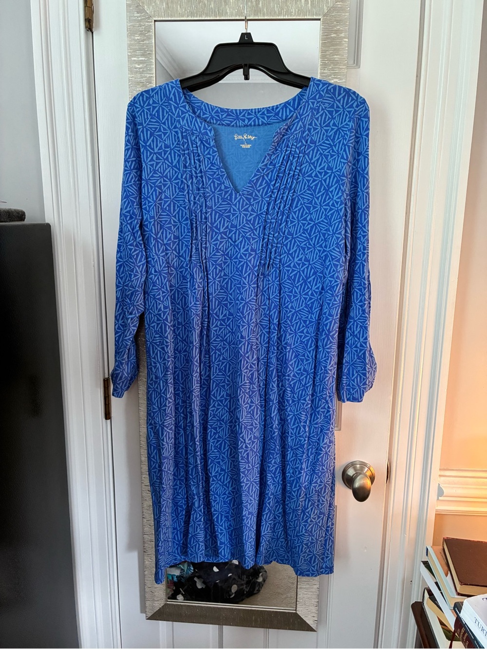 Lilly Pulitzer Blue Geometric V-Neck Long Sleeve Dress size large
